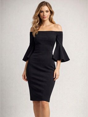 JOSEPH RIBKOFF Little Black Dress Off Shoulder Elegant Sheath Cocktail Stretch